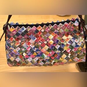 Nahui Ollin woven floral wrapper upcycled shoulder bag